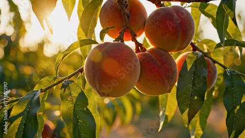 Ripe Peaches Hanging from Branch in Sunlit Orchard
