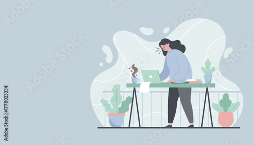 Unwell woman struggles to work remotely from home office due to illness or burnout concept