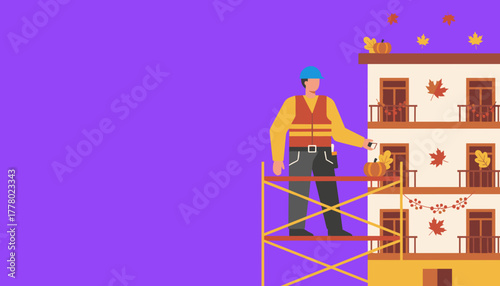 Worker on scaffolding maintaining apartment building facade decorated for autumn Illustration with copy space
