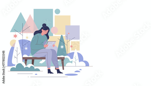 A sad woman checks business data on a tablet in a winter park setting Digital work illustration