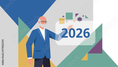 Senior professional pointing to a transparent screen with 2026 Business forecast and future vision