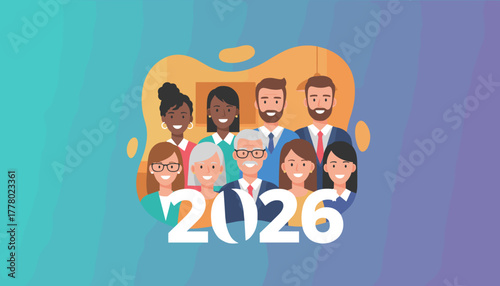 Smiling diverse business team portrait under year 2026 Future planning and successful leadership