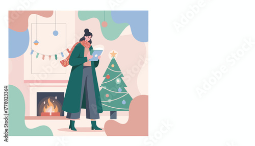 Woman shopping online via tablet by a fireplace and Christmas tree during the winter holidays