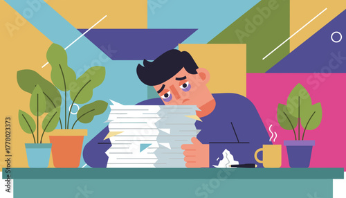 Burnout Tired employee overwhelmed by excessive workload and deadlines at the office desk