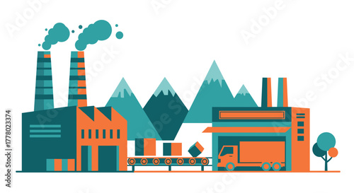 Industrial complex illustration manufacturing logistics and pollution with mountains backdrop