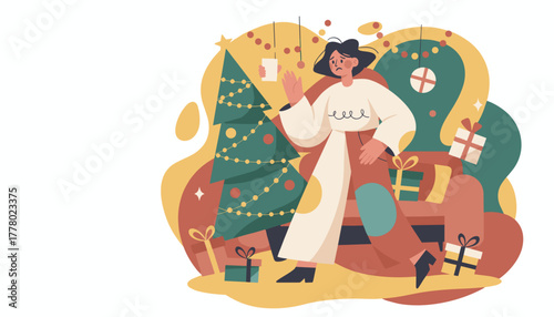 Overwhelmed woman suffering from holiday stress or depression flat modern illustration