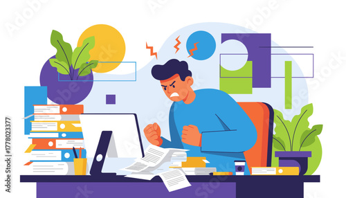 Stressed worker overwhelmed by paperwork and deadlines Business burnout and office anger concept