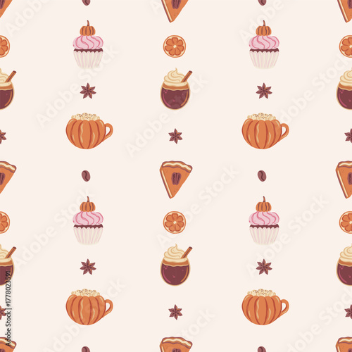 Delicious seamless vector pattern with pumpkin spice lattes, pie slice, cupcake, and star anise. Hand drawn fall desserts and hot drinks. Cozy autumn food background. Perfect for cafe branding