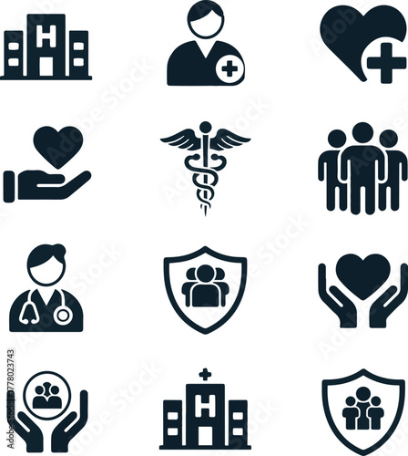 Healthcare and Medical Icons – Hospital, Doctor, and Health Protection Symbols