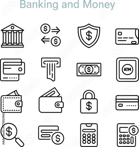 Banking and Money Vector Icons – ATM, Wallet, Card, and Finance Outline Set
