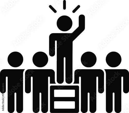 Leadership and Teamwork Icon – Person Standing Above Group Symbolizing Motivation and Guidance