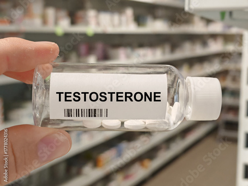 Box of TESTOSTERONE tablets on a hospital pharmacy table used to treat low testosterone a hormone therapy.