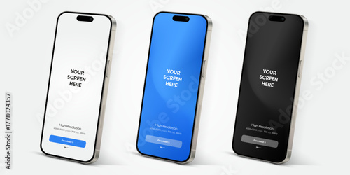 Realistic smartphone mockup. Mobile phone vector with isolated on white background. Device front view. 3D mobile phone with shadow. Realistic, high quality smart phone mockup for ui ux presentation.