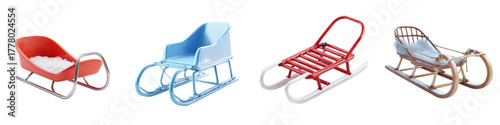 Charming collection of vibrant sleds evoking winter joy and childhood memories, perfect for holiday promotions, nostalgic designs, and festive seasonal displays