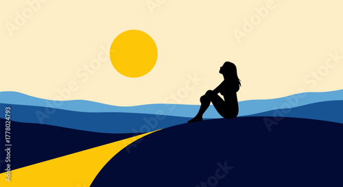 Serene Contemplation A Silhouette Gazing at the Sunrise Over Rolling Hills