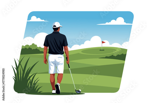 Rear view of a male golfer walking on a green fairway towards the flag for the final putt, vector illustration of a sports hobby c.eps