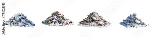 Four piles of construction rubble and debris covered in a dusting of winter snow, perfect for illustrating environmental damage, urban decay, or the aftermath of demolition