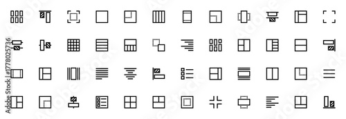 Layout Design icon set. Vector illustration. Include symbols for layout, vertial alignment, horizontal aignment, minimize, maximiz, justify, copy, menu, cheklist and more. Editable sroke.