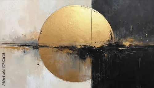 Panel kuchenny z motywem Abstract art illustration with gold circle element. Gold and black colors create luxury mood. Artistic design for interior decor. Modern painting suitable for hotel restaurant decor or design