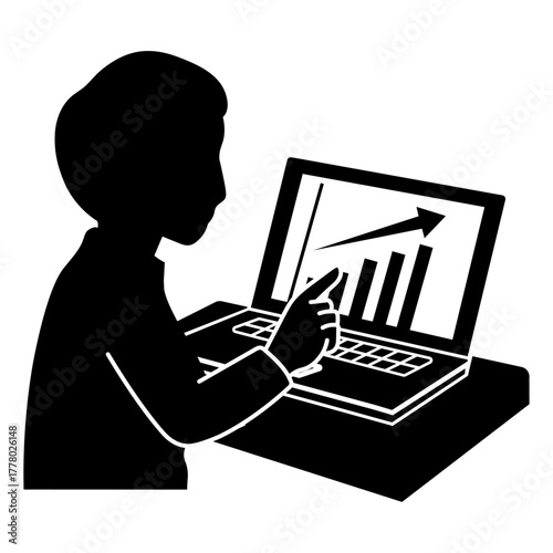 パソコン画面のグラフを指さしてデータ分析を行う人物のシルエット