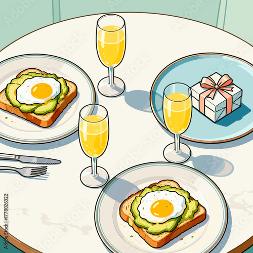 Delicious brunch with avocado toast and mimosas for Valentine's Day  