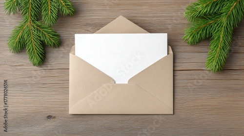 holiday gift for remote worker Envelope with blank card surrounded by greenery on a wooden surface.