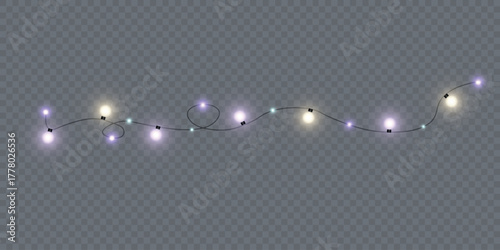 A colorful garland of lights with vibrant light effects. The realistic multicolored bulbs emit warm and cool light with subtle blurring and shimmer.