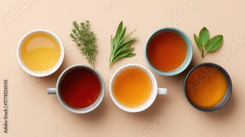 holiday gift for remote worker Five cups of various teas with herbs on a beige background, showcasing diverse colors and textures.