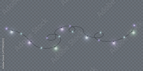 A colorful garland of lights with vibrant light effects. The realistic multicolored bulbs emit warm and cool light with subtle blurring and shimmer.