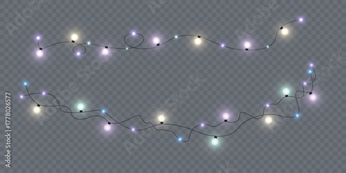A colorful garland of lights with vibrant light effects. The realistic multicolored bulbs emit warm and cool light with subtle blurring and shimmer.