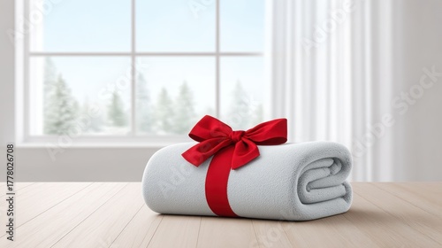 holiday gift for remote worker Cozy gray blanket tied with a red ribbon, placed on a wooden table near a window with a winter view.