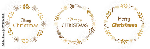 Set of Christmas golden wreaths on a white background. Snowflakes and twigs