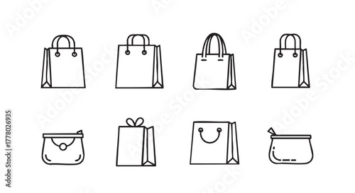 Shopping Bags and Handbag Icons Set Minimalist Outline Style Vector
