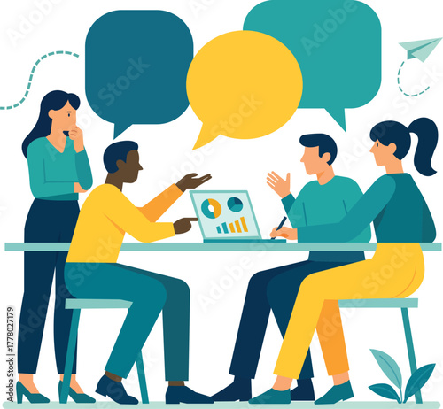 illustration of Workspace Huddle Where Teammates Review Graphs Together 