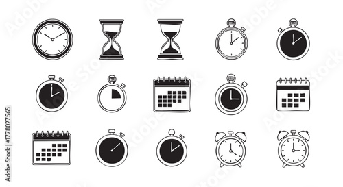 Time related icons clock hourglass stopwatch and calendar symbols illustration