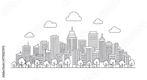 Modern city skyline vector illustration with outlined urban buildings, towering skyscrapers, trees, and clouds, ideal for architectural concepts, business, and travel designs