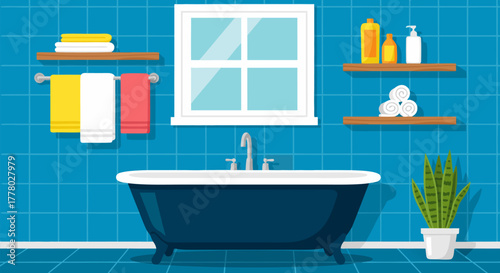 Cozy Bathroom Interior Illustration Featuring Bathtub, Shelves, and Window in a Blue-Tiled Room