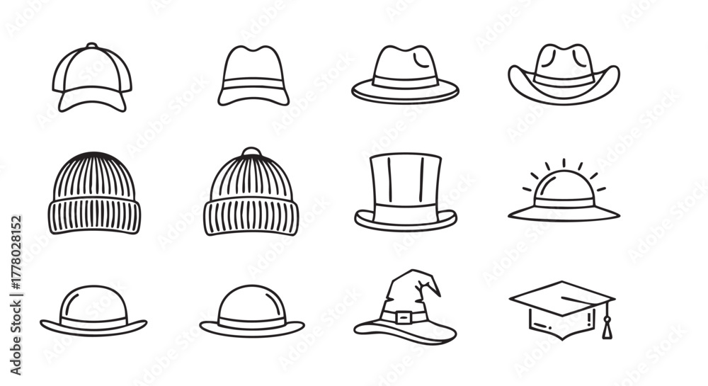 Fototapeta premium Variety of hat doodles including baseball cap beanie and bowler