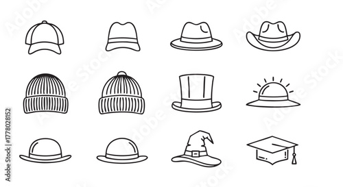 Variety of hat doodles including baseball cap beanie and bowler