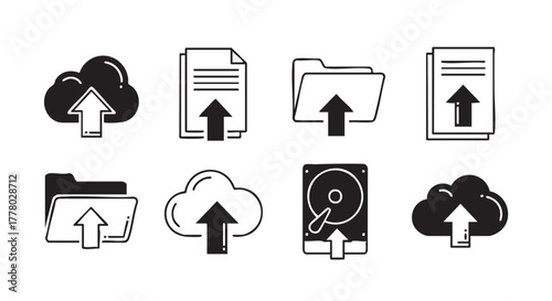 Vector icons for upload to cloud folder and file storage