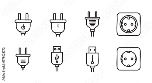 Vector icons of electrical plugs and USB connector for design elements
