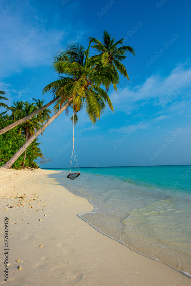 Fototapeta premium Tranquil closeup calm sea water waves with palm trees. Swing on the tree. Tropical island beach landscape exotic shore coast. Summer vacation, holiday amazing nature. Relax paradise, Maldives.