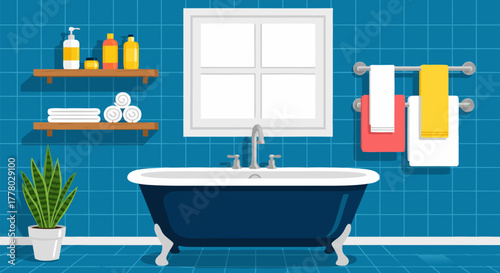 Flat Design Illustration of a Modern Bathroom Interior with Blue Tiled Walls, a Classic Clawfoot Bathtub, Shelves, and a Window, Emphasizing Cleanliness and Relaxation