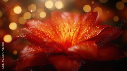 Close-up of a vibrant red flower, glowing with warm light
