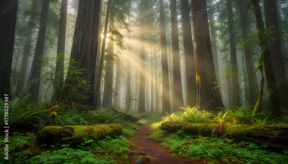 Naklejka premium Sunlight Streaming Through a Lush Redwood Forest Trail