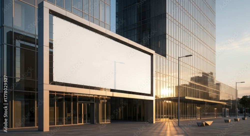 Obraz premium Blank Billboard Ad Space on Modern Office Building for Marketing Campaigns, Corporate Communications, Urban Advertising, and Real Estate Development Projects