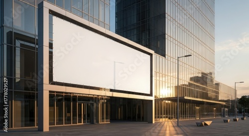 Blank Billboard Ad Space on Modern Office Building for Marketing Campaigns, Corporate Communications, Urban Advertising, and Real Estate Development Projects