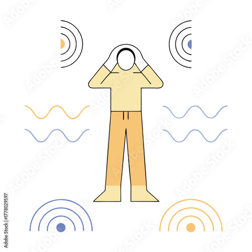 Person overwhelmed by sensory input, seeking quiet escape from noise