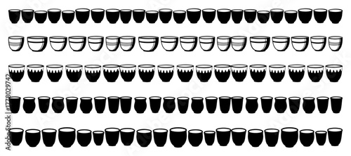 Set of Hand Drawn Ceramic Cups and Bowls Seamless Border Patterns. Vector Japanese Style Pottery Collection.