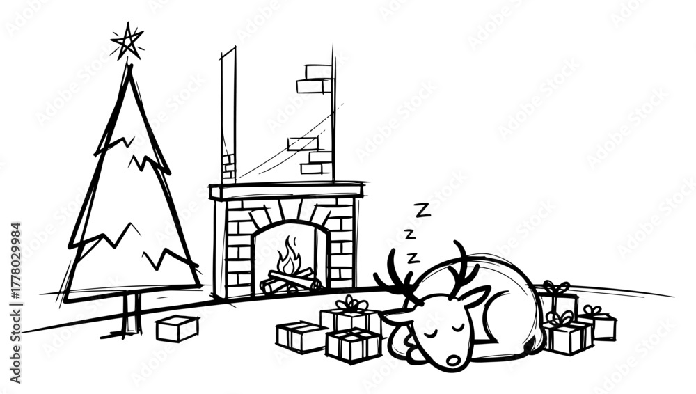 Fototapeta premium Sleeping Reindeer By Fireplace And Christmas Tree With Gift Boxes Cozy Vector Line Art Illustration